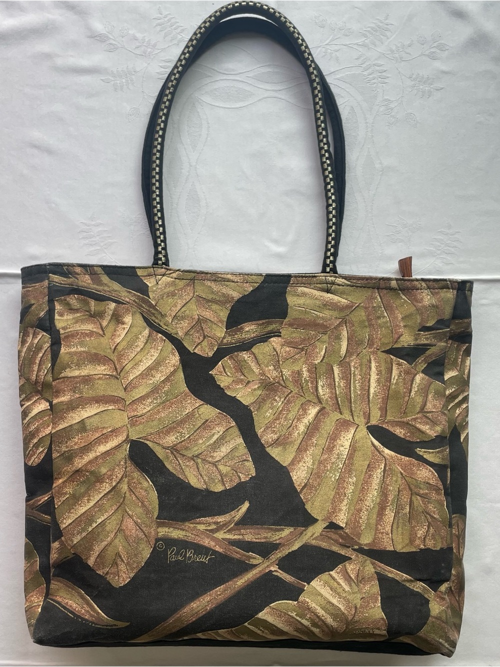 Vintage Paul Brent Quilted Canvas Tote Bag Tropical Botanical Print Zip Top